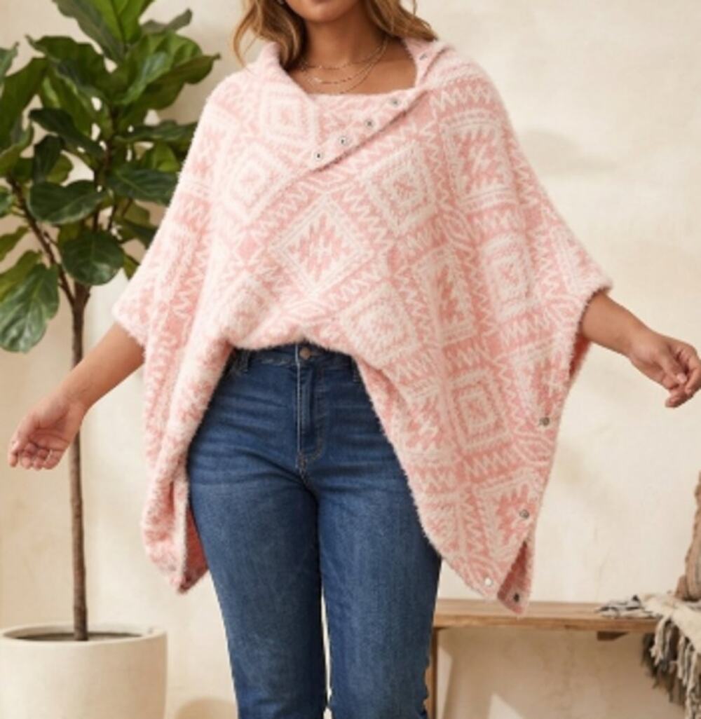 Jetta Boone Pink & White Geometric Poncho Sweater One Size